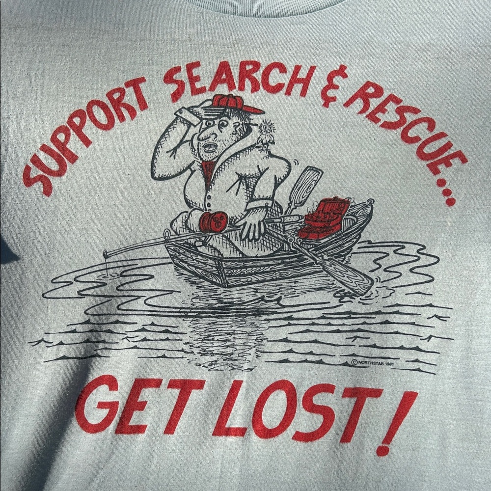 Vintage Novelty Cartoon Baby Blue Hanes 50/50 Small Search and Rescue T Shirt